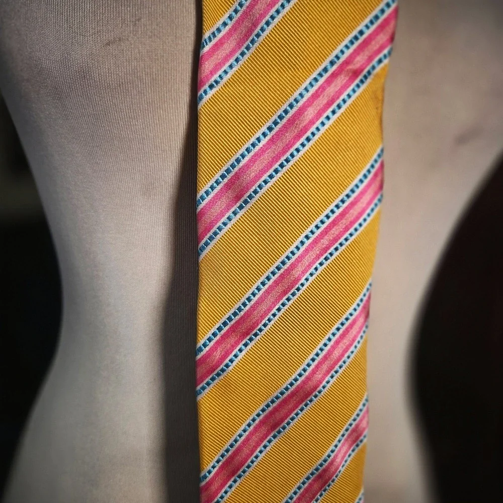 Prada Silk Tie Vintage 90s Yellow Pink Blue Stripe Italy Designer Mens Necktie